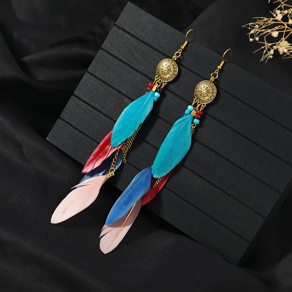 Pendientes colgantes de cadena larga con plumas estilo bohemio vintage para mujer