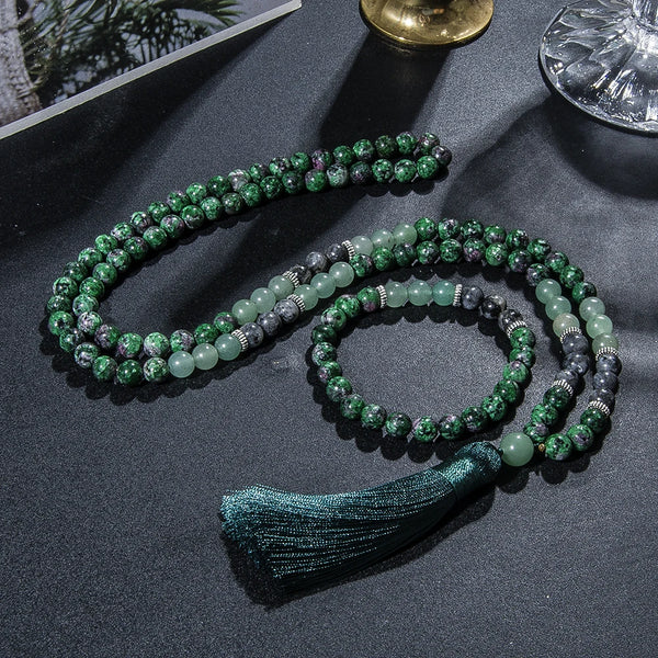 Conjunto de collar mala 108 con cuentas de labradorita, epidota roja y verde de 8 mm