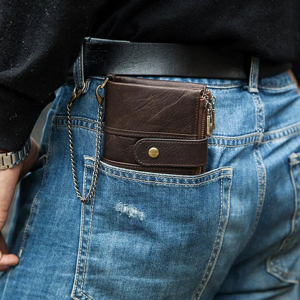 Cartera corta para hombre de piel auténtica con cremallera y bolsillo para monedas