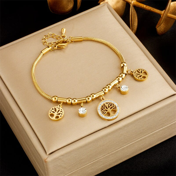 316L Stainless Steel Eyes Trees Crystals Pearls Charm Bracelet For Women