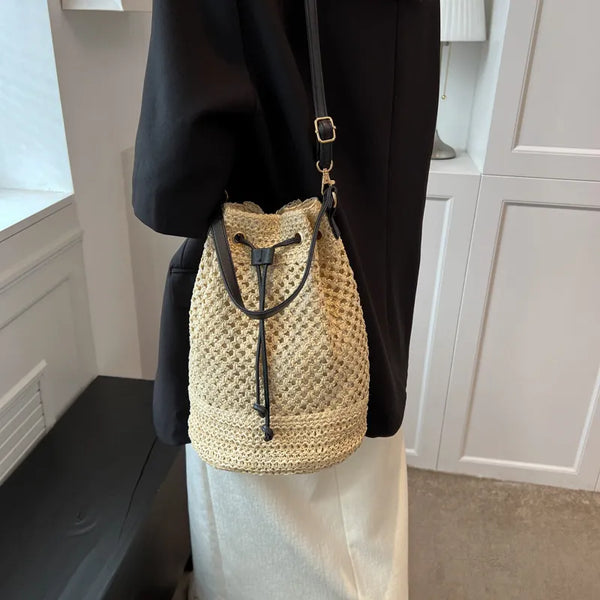 Soft Straw Woven Beach Bag Women's New Fashion Portable Bucket Single Shoulder Crossbody Bag