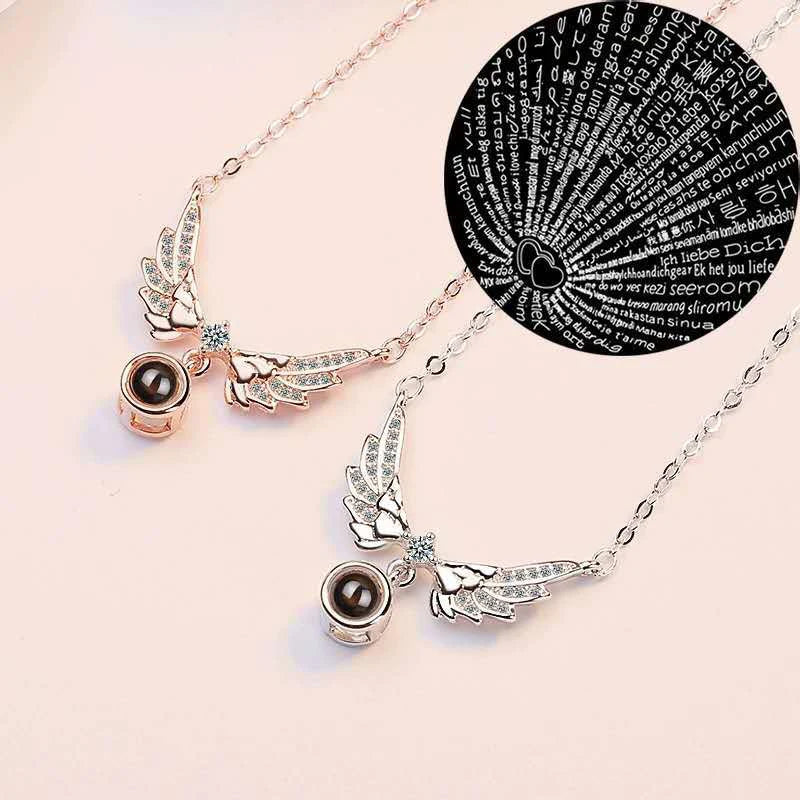 Angel Wings Necklace With Rose Gift Box 100 Languages I Love You Projection Pendant Jewelry