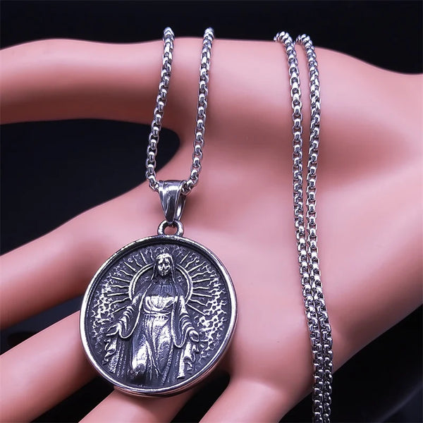 Stainless Steel Silver Color Our Lady Virgin Mary Pendant Necklace