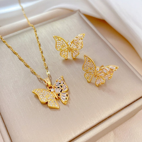 316L Stainless Steel Gold Color Cute Butterfly Pendant Necklace Earrings For Women