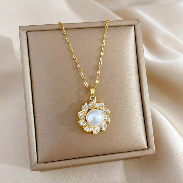 316L Stainless Steel Large Pearl Flowers Pendant Necklace For Women