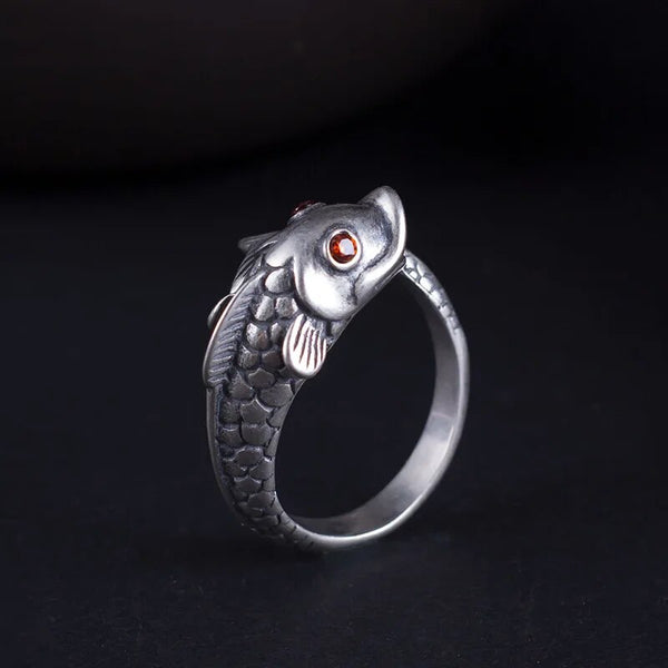 Anillo ajustable vintage de koi con ojos rojos en plata de ley 925 para hombre y mujer.