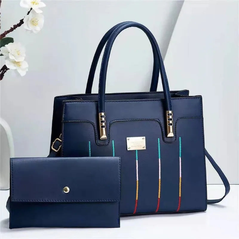 Fashion Embroidered Lines Composite Bag Business Portable Tote Handbag
