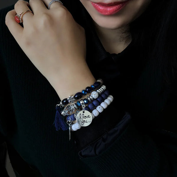 Nuevo conjunto de 4 pulseras de cuentas con alas bohemias y amor, estilo retro, con personalidad turquesa.
