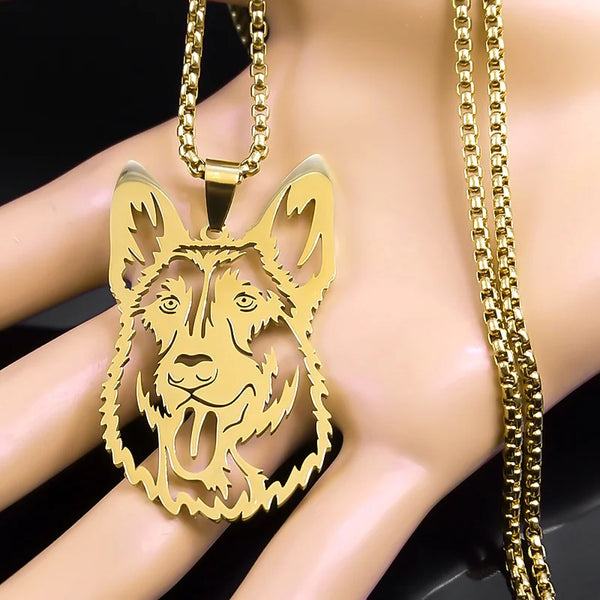 Collar con colgante de perro lobo de moda, acero inoxidable, color dorado, cadena de amor para mascotas.
