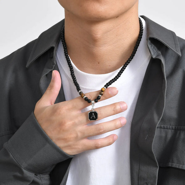 Stylish Letter A-Z Pendant Necklaces for Men Boys,Tiger Eye Black Beaded Necklace