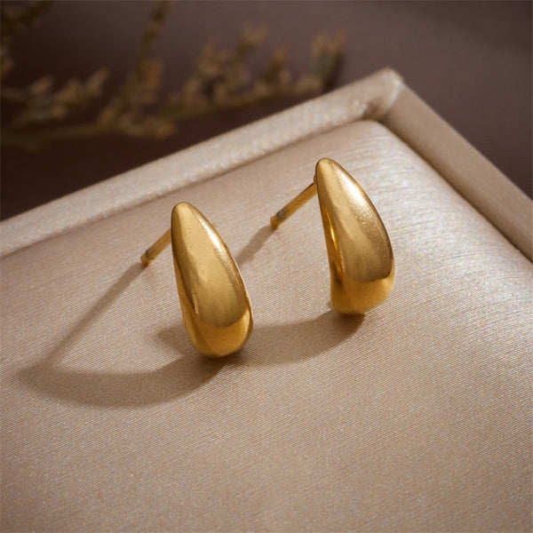 Pendientes de botón de acero inoxidable 316L con forma de gota de agua color dorado para mujer
