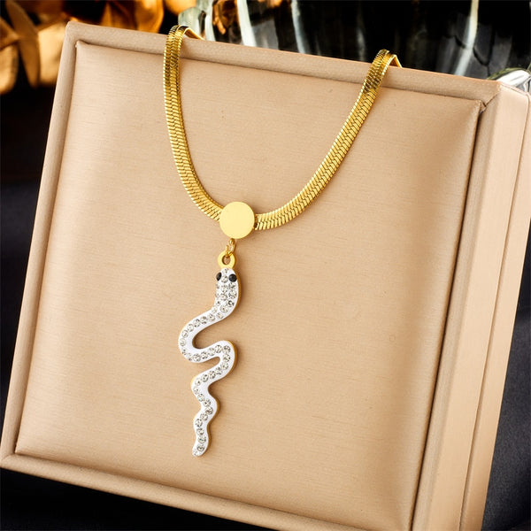 316L Stainless Steel Rhinestone Snake Pendant Necklace For Women