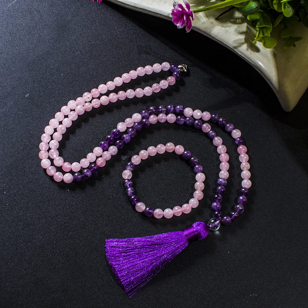 Conjunto de collar y pulsera Mala 108 con cuentas de amatista y cuarzo rosa de 8 mm para meditación