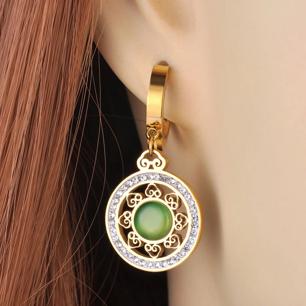 Pendientes circulares vintage de jade verde con diamantes de imitación para mujer