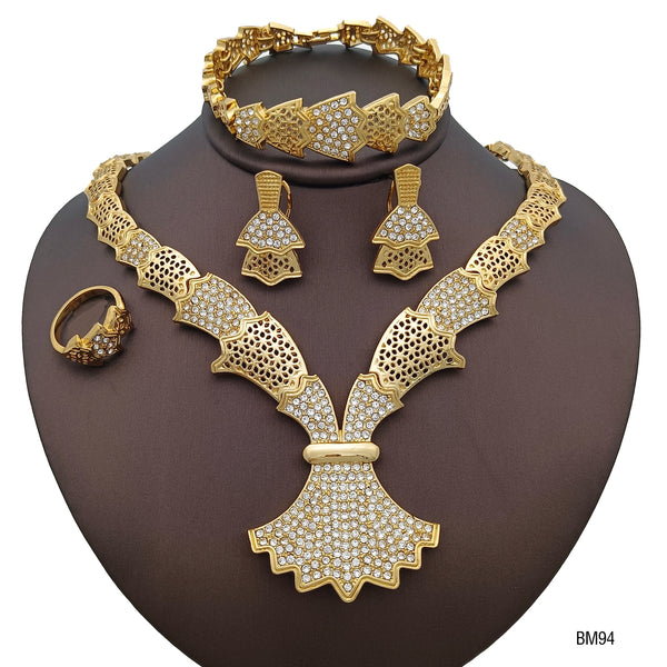 Conjunto de joyería italiana para mujer con collar, pendientes, anillo y pulsera de flores con diamantes de imitación.