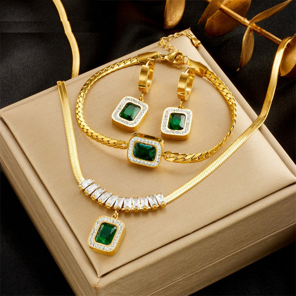 316L Stainless Steel Luxury Non-fading Square Green Crystal Zircon Pendant Necklace Earrings Jewelry Set