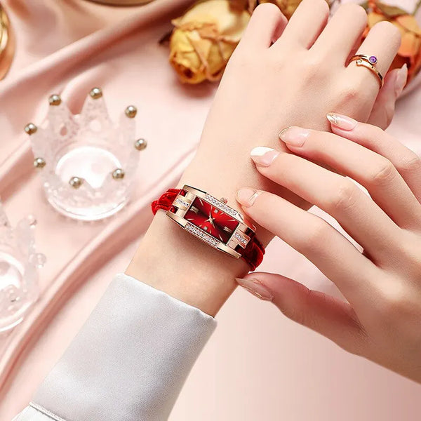Conjunto de 6 relojes rectangulares de moda para mujer, reloj de cuarzo de cuero rojo para mujer