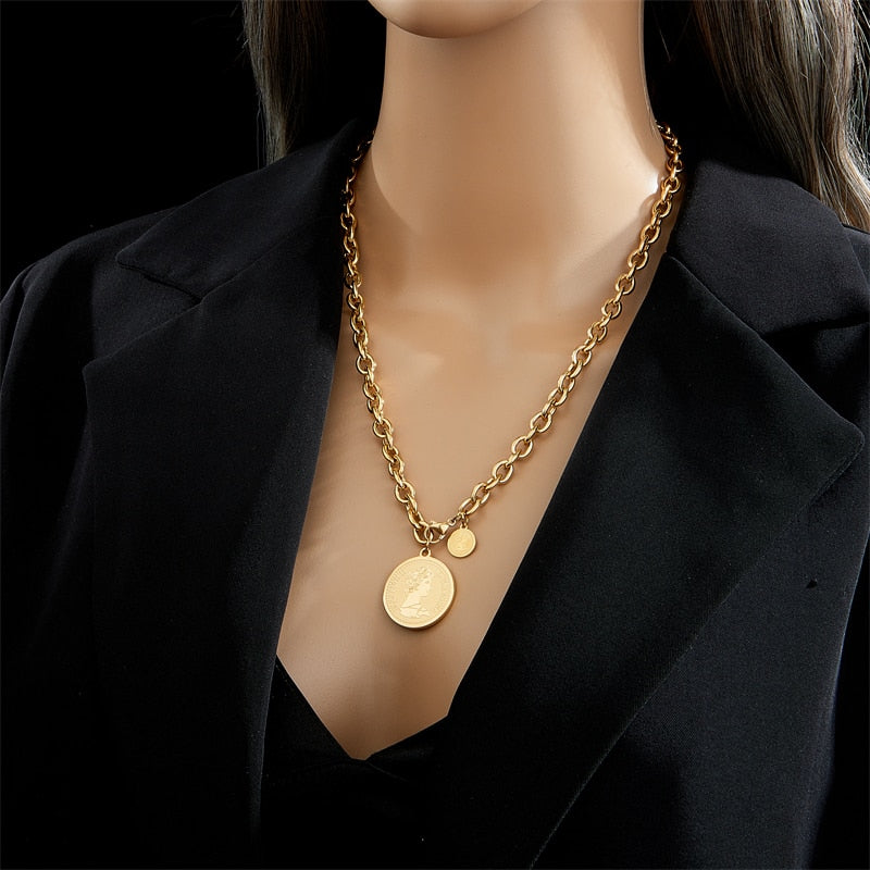 316L Stainless Steel Gold Color Hip Hop Round Portrait Coin Necklace For Women