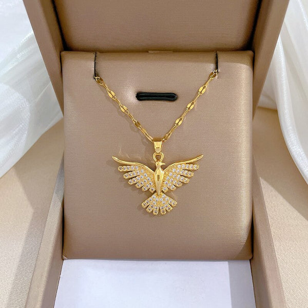 Collar de acero inoxidable 316L chapado en oro con circonitas y fénix para mujer