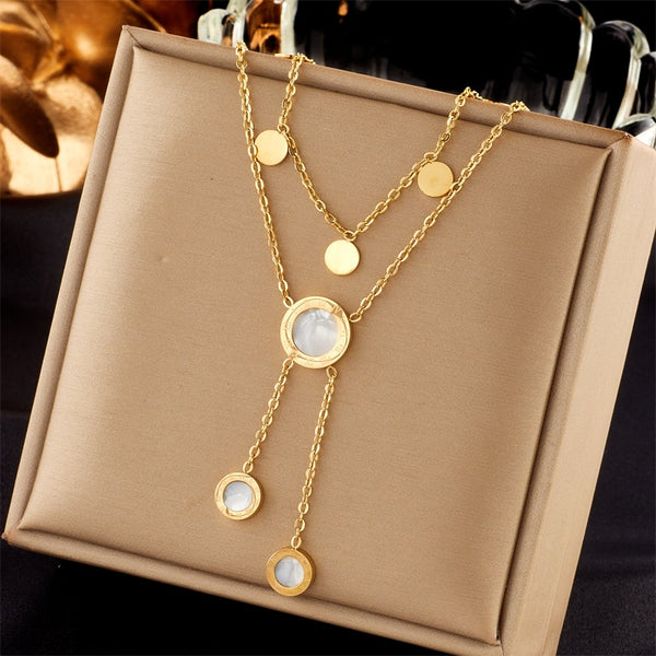 316L Stainless Steel Round Roman Numeral Dial Long Pendant Necklace For Women