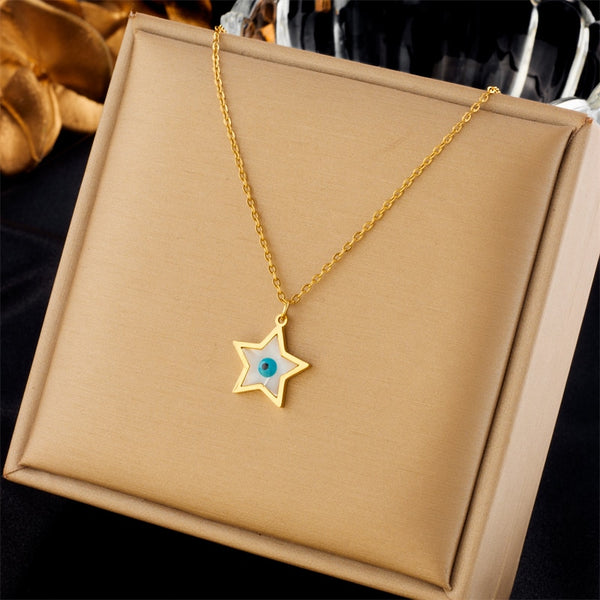 Collar con colgante de pentagrama y ojo de estrella de acero inoxidable 316L para mujer