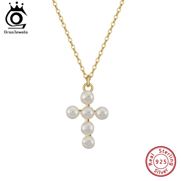 Collar con colgante de cruz de moda con perlas de agua dulce en plata de ley 925 para mujer