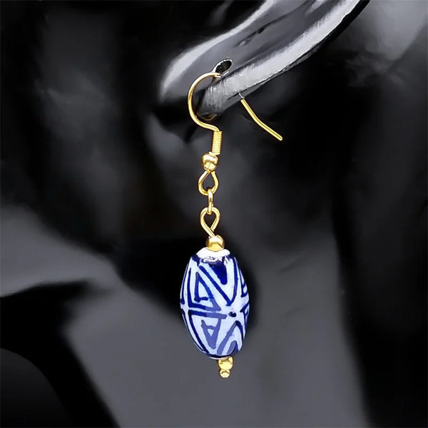 Pendientes colgantes de porcelana azul y blanca hechos a mano, de cerámica vintage, de acero inoxidable, para mujer
