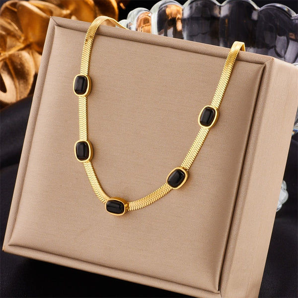 316L Stainless Steel Oval Black Stone Necklace For Women