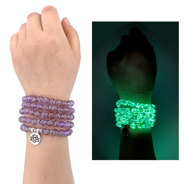 Pulsera de maleta 108, pulsera de cristal morado luminoso, pulsera de yoga de meditación OM de Buda de loto