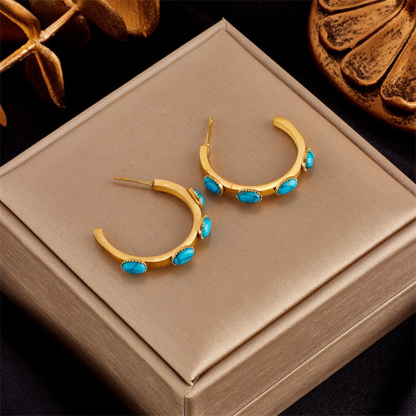 316L Stainless Steel Gold Color Type C Green Stone Stud Earrings For Women