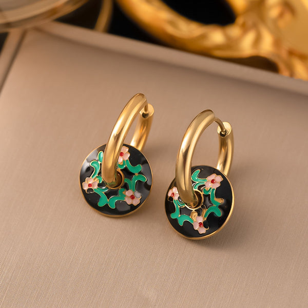 Pendientes de aro con diseño bohemio de flores y baño de oro para mujer