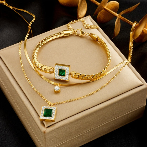 316L Stainless Steel Square Green Crystal Charm Necklace Bracelets For Women