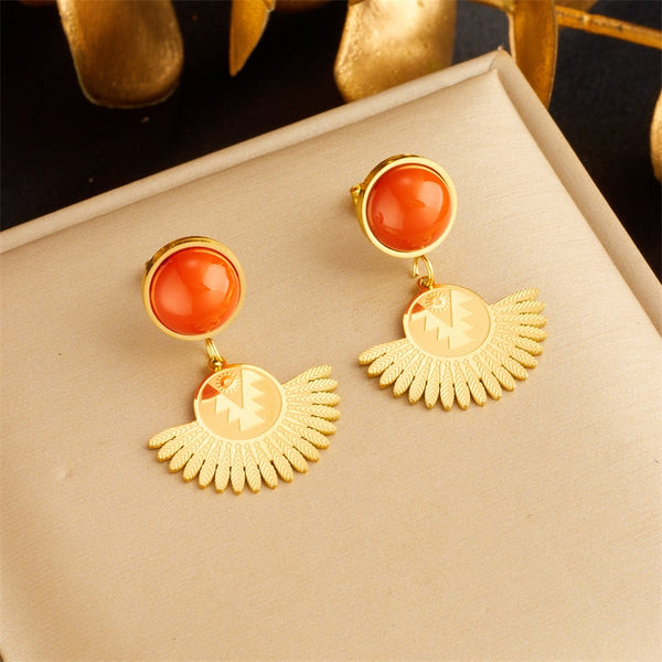 316L Stainless Steel Retro Red Stone Feather Pendant Earrings For Women