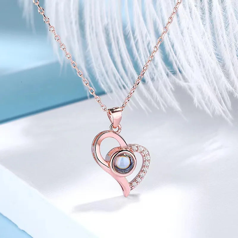 Luxury Projection Necklace With Wool Gift Box Fashion 100 Languages I Love You Zircon Pendant For Girlfriends