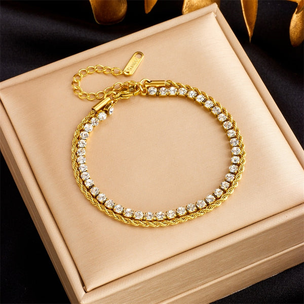 316L Stainless Steel 2 Layers Luxury Zirconia Chain Bracelet For Women
