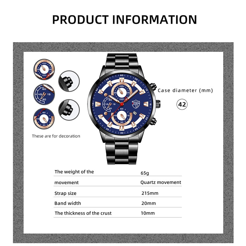 Fashion Sport Watches for Men Business Stainless Steel Quartz Wristwatch