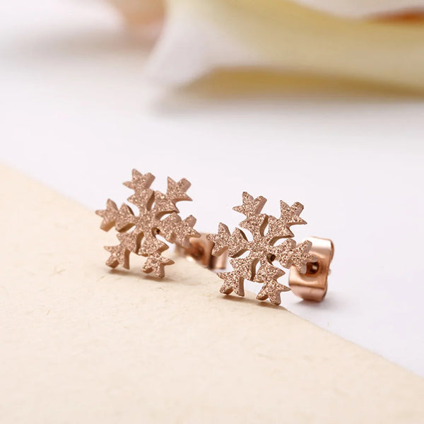 Pendientes de botón con copos de nieve esmerilados de moda, joyería de acero inoxidable 316L