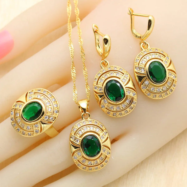 Green Created Emerald White CZ Gold Color Jewelry Sets For Women