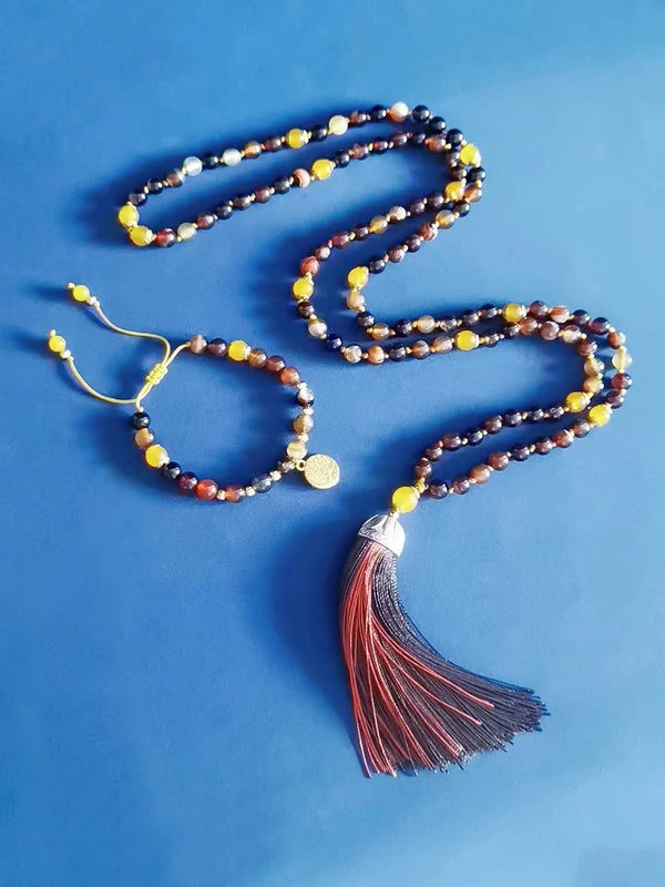 Collar de 108 cuentas Mala con nudo y borlas para mujer