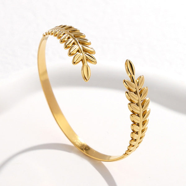 Pulsera chapada en oro con personalidad de moda, brazalete abierto ajustable con forma de hoja para mujer