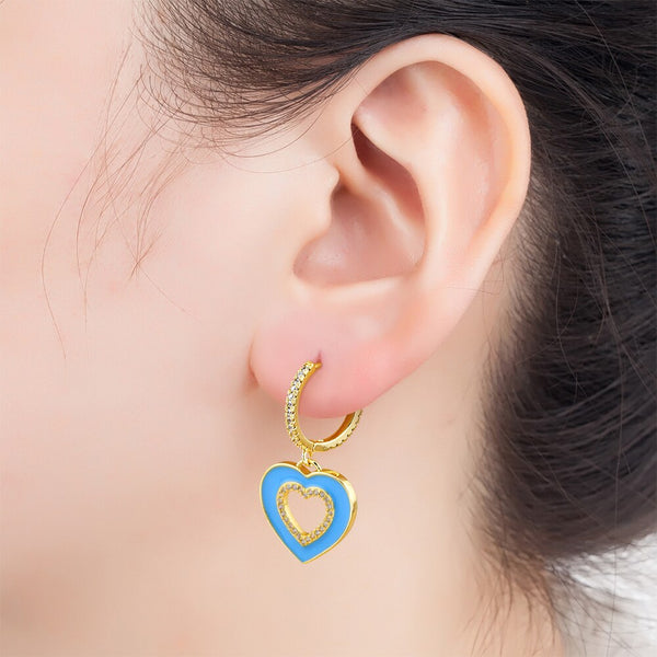 Pendientes de aro con colgante de corazón de circonita de moda romántica para mujer