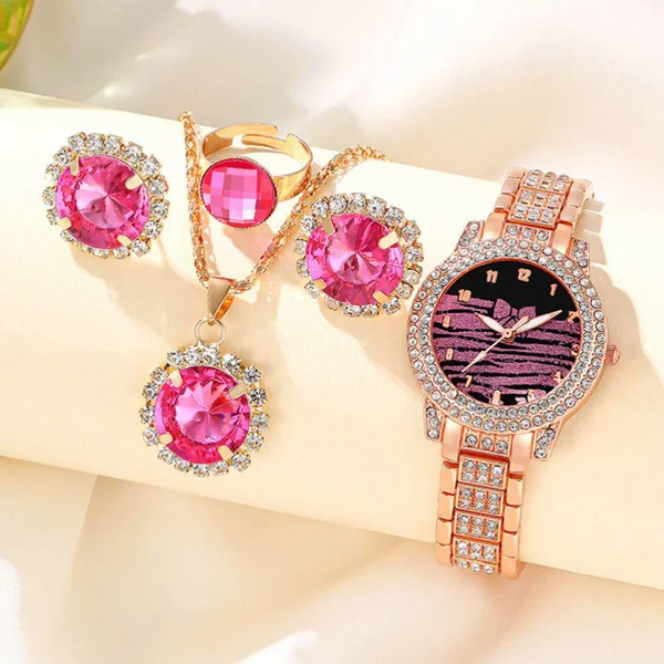 Conjunto de 5 piezas de reloj de cuarzo sencillo, informal, de moda, con anillo, collar y pendientes.