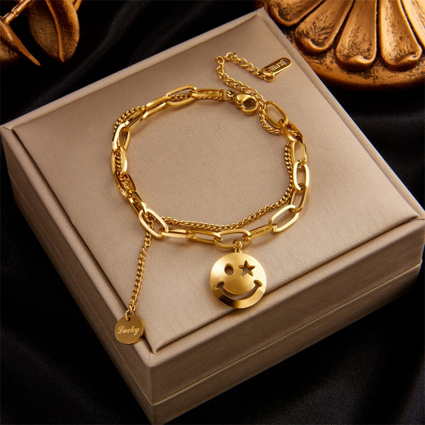 316L Stainless Steel 2 Layer Smile Face Pendant Bracelet For Women