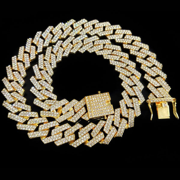 Hip Hop 20MM Silver Color Heavy Full Iced Out Paved Rhinestones Prong Cuban Chain