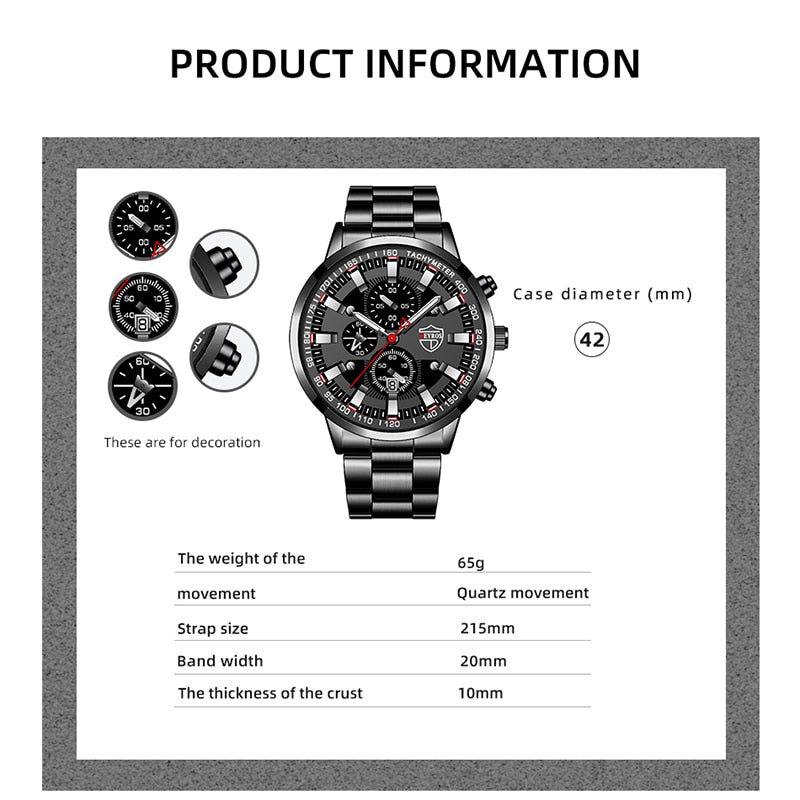5pcs Set Mens Watches Fashion Luxury Men Stainless Steel Quartz Wrist Watch