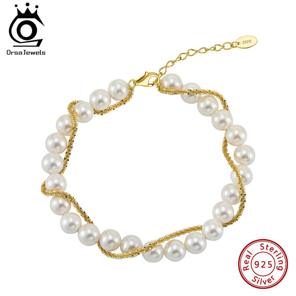 Pulsera minimalista vintage de perlas redondas y cadena doble de plata 925