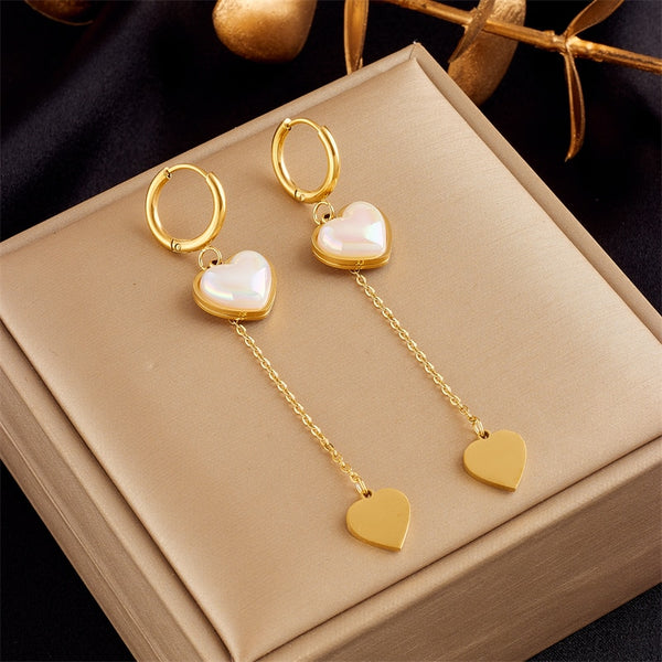 316L Stainless Steel Heart-Shaped Pearl Long Pendant Tassel Earrings For Women