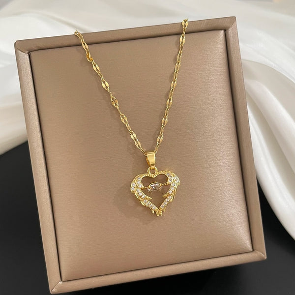 316L Stainless Steel Heart Wing Zircon Pendant Necklace For Women