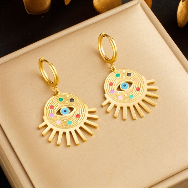 316L Stainless Steel Round Colorful Eyes Pendant Earrings For Women