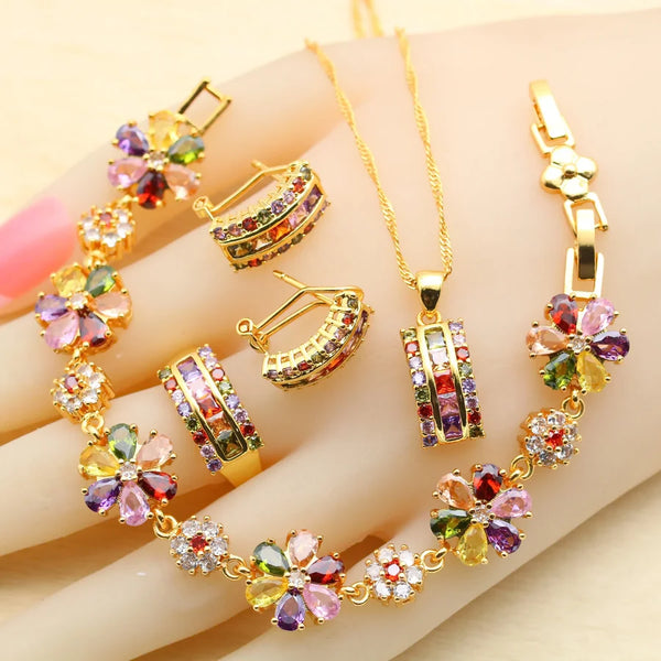 Square Multicolor Zirconia Gold Plated Jewelry Sets for Women